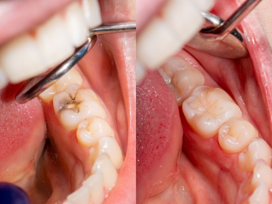 Vor und nach der Behandlung mit einer Komposit-Zahnfüllung